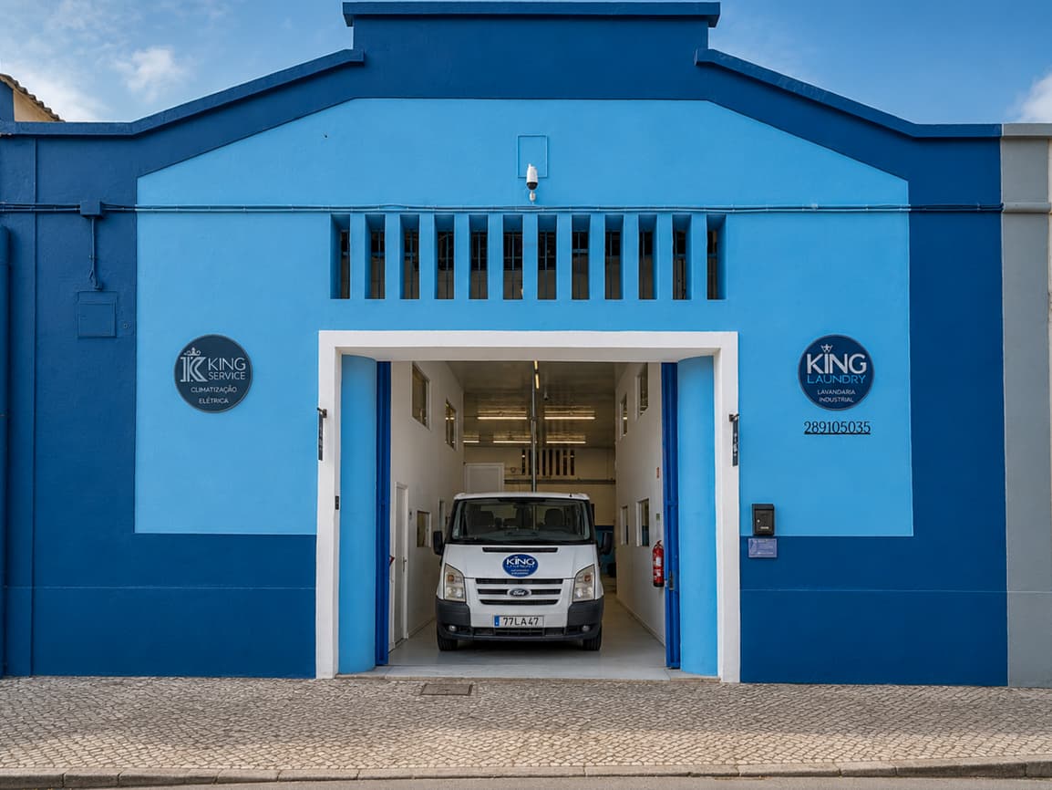 A fachada azul da unidade de Loulé, com a carrinha de recolha estacionada no portão.